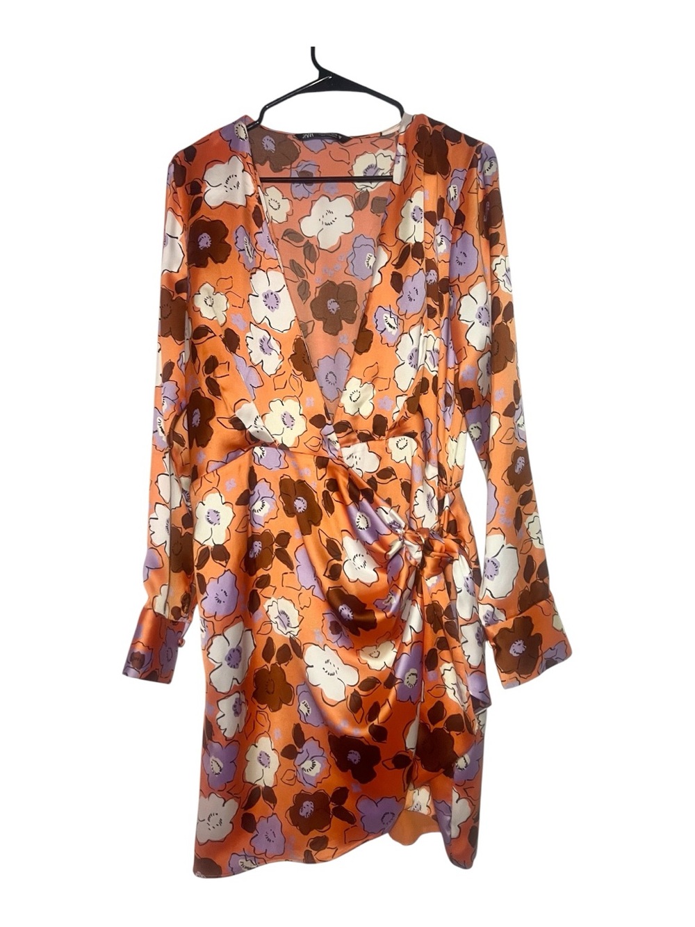 Zara Orange Floral Satin Wrap Dress with Lavender Accents